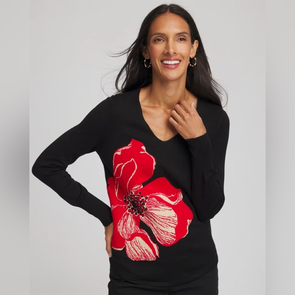 Chico's Ella V-Neck Floral Intarsia Sweater- Perfect for the holidays- Brand New